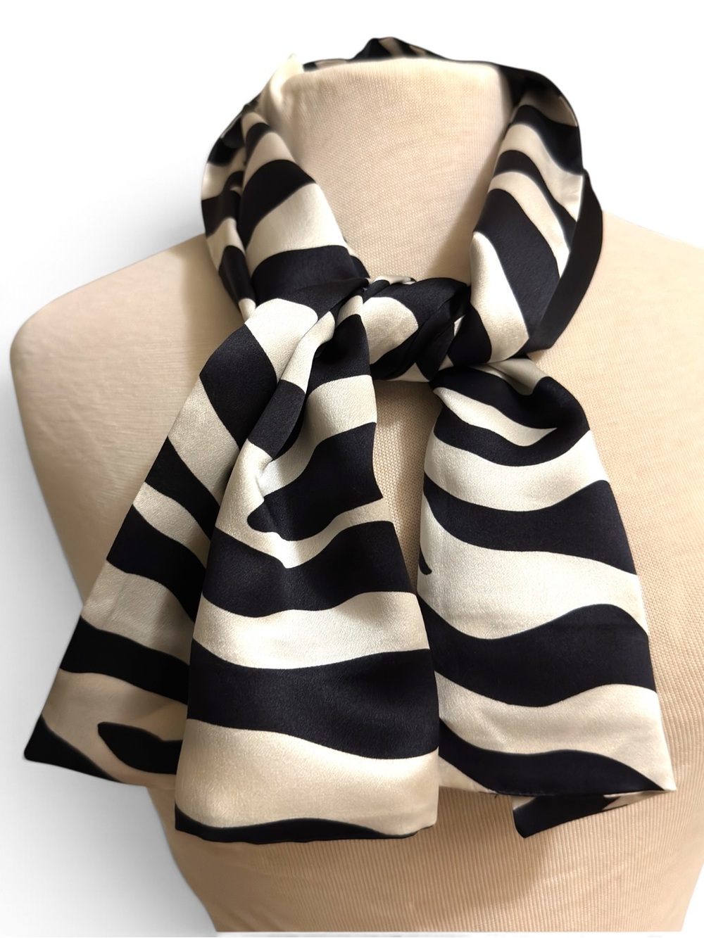 Black Creamy White Zebra Print Reversible Satin Scarf 39” x 10”